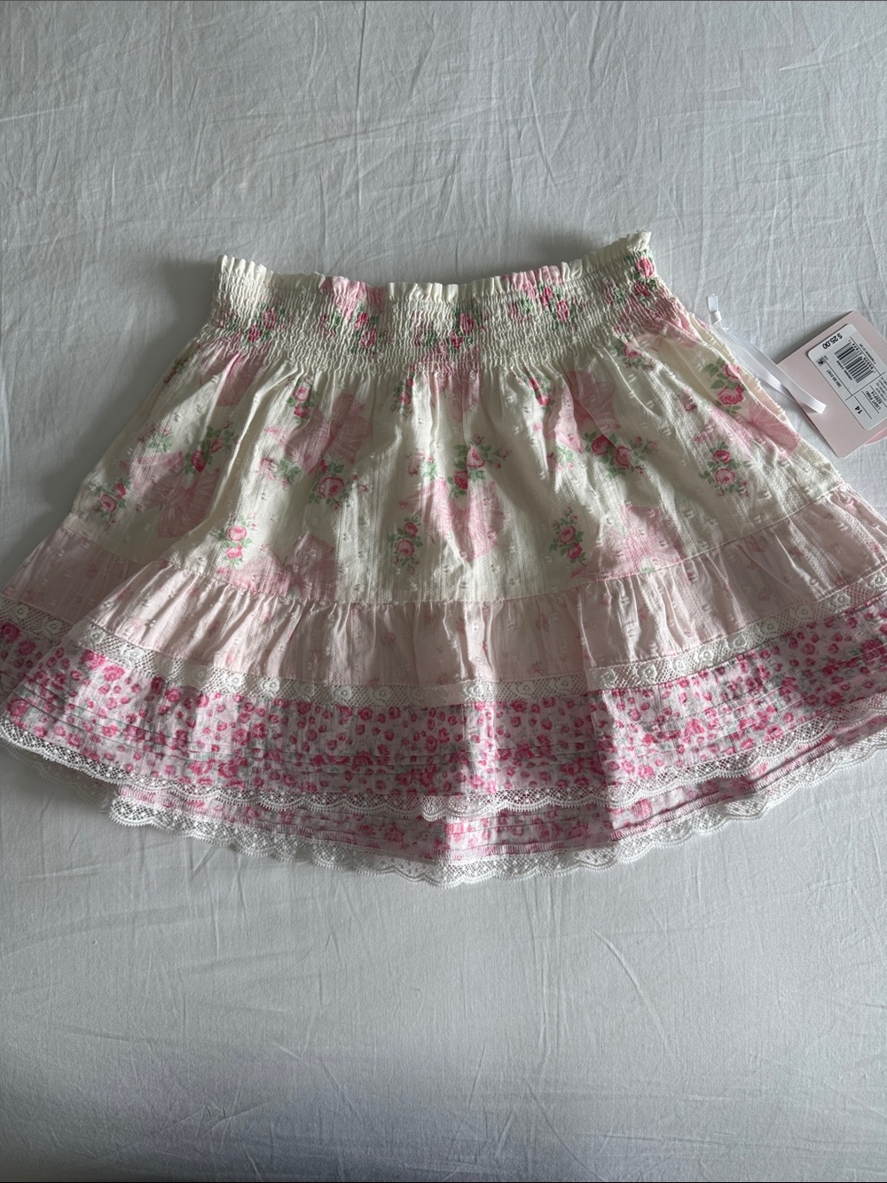 LoveShackFancy for Target Cream and Pink Floral Tiered Skirt with Lace Trim